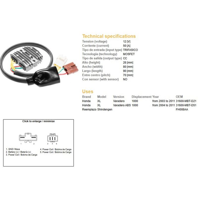 DZE REGULATOR NAPIĘCIA HONDA XL 1000V VARADERO '03-'11 31600-MBT-D21 MOSFET 50A FH008AA