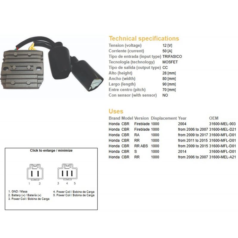 DZE REGULATOR NAPIĘCIA HONDA CBR 1000RR FIREBLADE '04-'15 50A 31600-MFL-D01 31600-MEL-A21 ESR680ESR439
