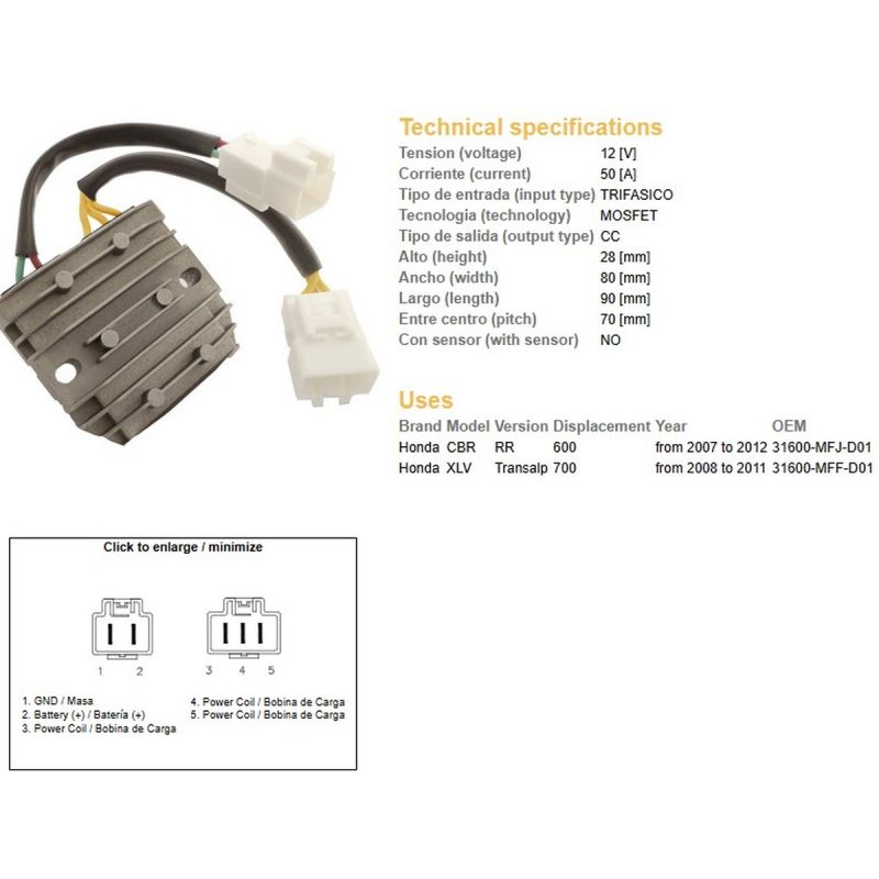 DZE REGULATOR NAPIĘCIA HONDA CBR 600RR '07-'12 XL 700V TRANSALP '08-'11 50A 31600-MFJ-D01