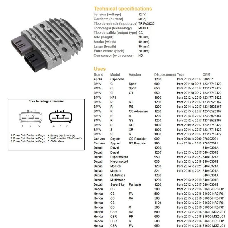 DZE REGULATOR NAPIĘCIA APRILIA BMW CAN AM DUCATI HONDA KAWASAKI SUZUKI TRIUMPH YAMAHA 50A