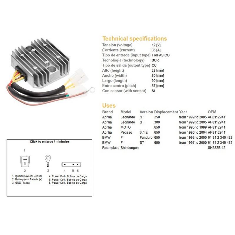DZE REGULATOR NAPIĘCIA BMW F 650F/ST '93-'00 APRILIA 650 PEGASO '96-04 LEONARDO 250/300ST '99-'05 SH532B-12 61312346432, AP81129