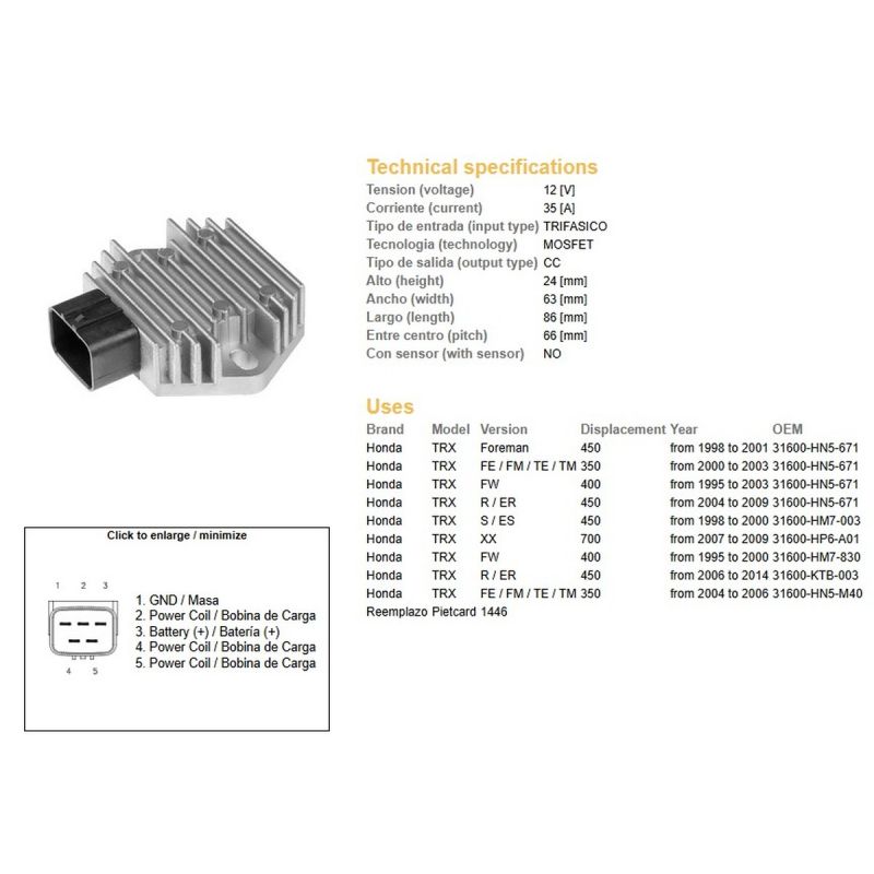 DZE REGULATOR NAPIĘCIA HONDA TRX 350FE/FM/TE/TM '00-06 TRX 400FW '95-'03 TRX 450 FOREMAN '98-'14 ESR583 31600-HN5-671 35A