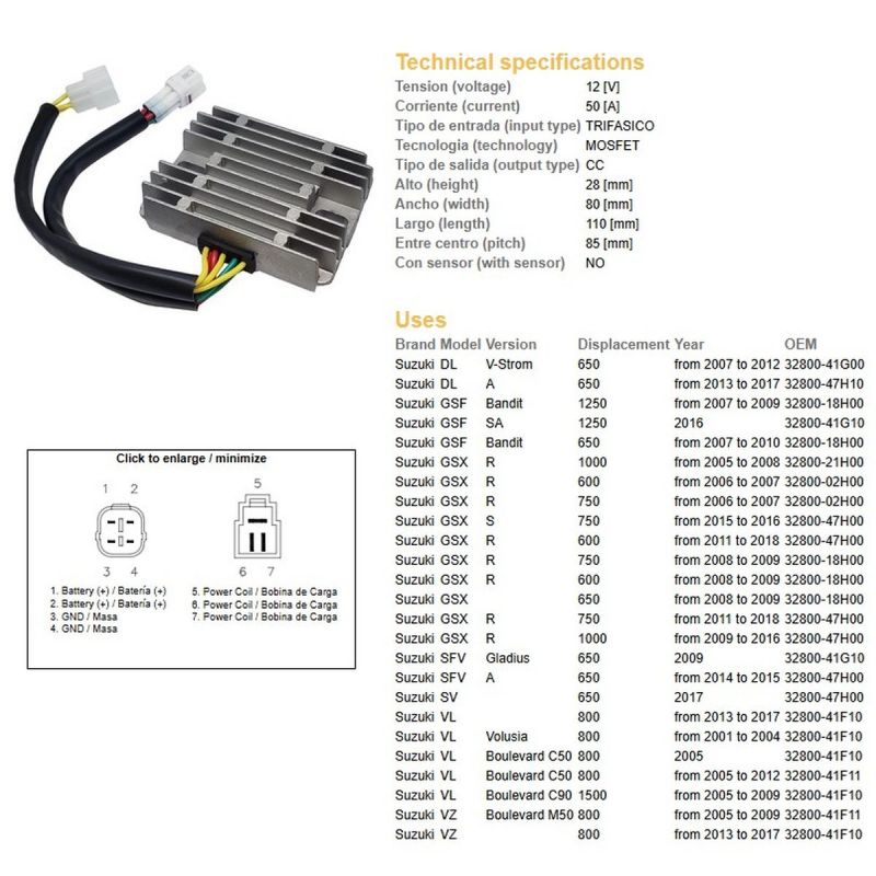 DZE REGULATOR NAPIĘCIA SUZUKI GSF 650/1250 BANDIT '07-'10 GSX 600/750/1000R/S '05-'18 DL 650 V-STROM '07-17 SV 650 '14-'17 VL 80