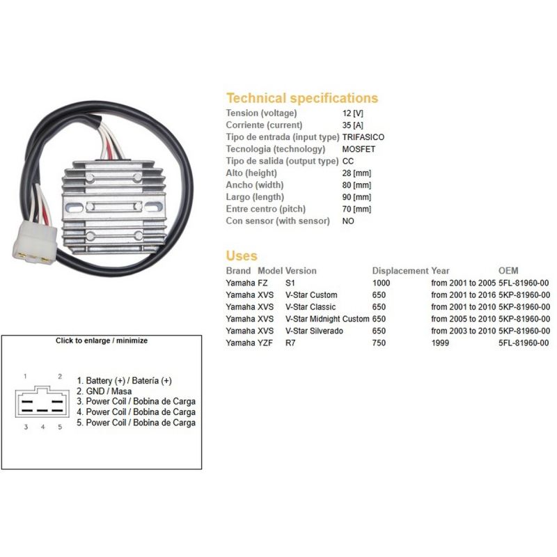 DZE REGULATOR NAPIĘCIA YAMAHA XVS 650 V-STAR '01-'16 YZF 750 R7 '99 FZS 1000 '01-'05 5KP-81960-00 35A ESR266 5FL-81960-00