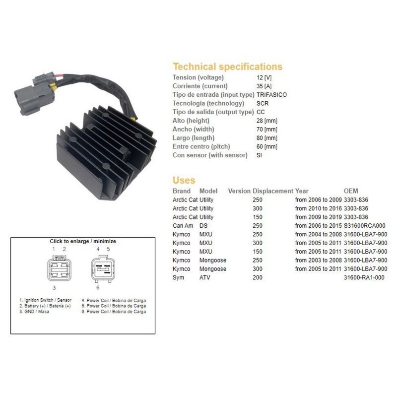 DZE REGULATOR NAPIĘCIA KYMCO MXU 150/250/300 '04-'11 CAN AM DS 250 '06-'15 ARCTIC CAT 150/250/300 '06-'19 35A 31600-LBA7-900 ESR