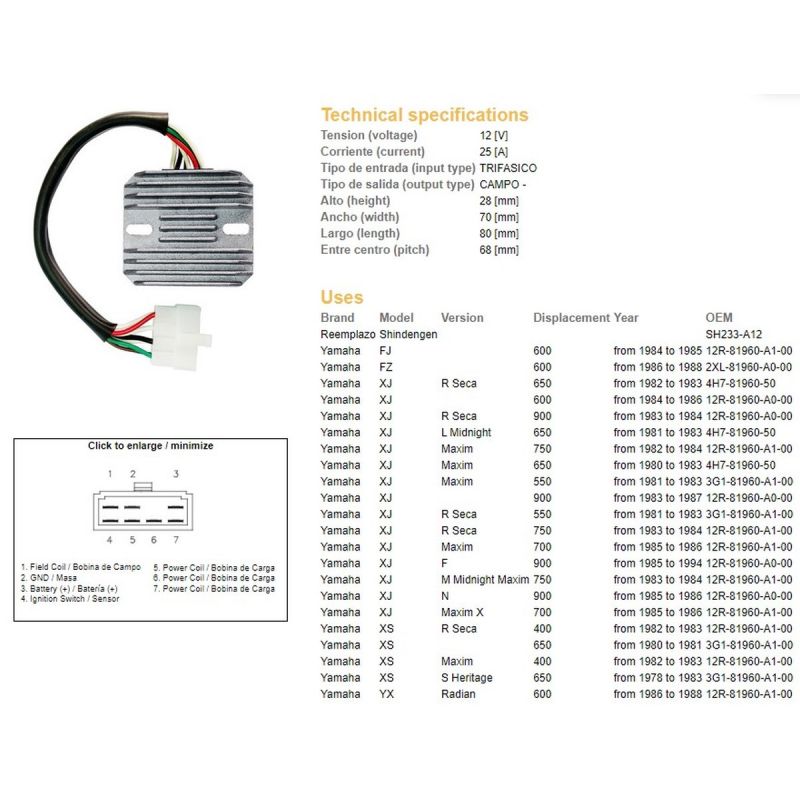 DZE REGULATOR NAPIĘCIA YAMAHA XJ 550/600/650/750/900 '80-'89 XS 650 '78-'83 YX 600 RADIAN '86-'88 12R-81960-A1-00 4H7-81960-50 3