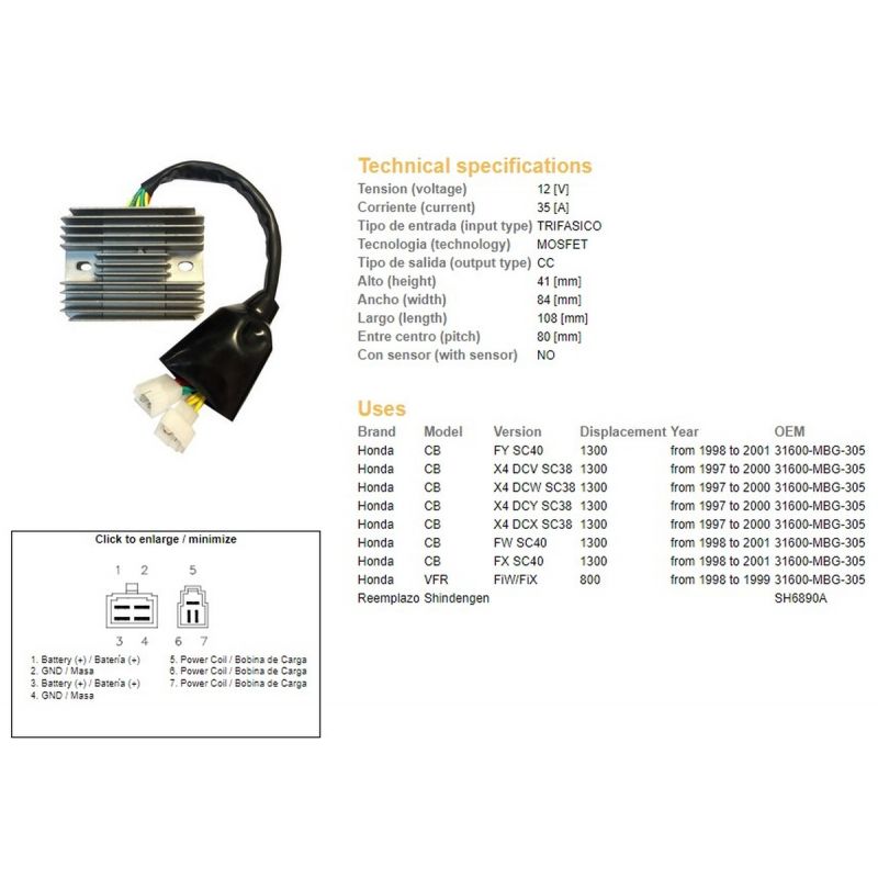 DZE REGULATOR NAPIĘCIA HONDA CB 1300 '97-'01 VFR 800 '98-'99 SC38, SC40, VFR800 98-99 31600-MBG-305 SH6890A