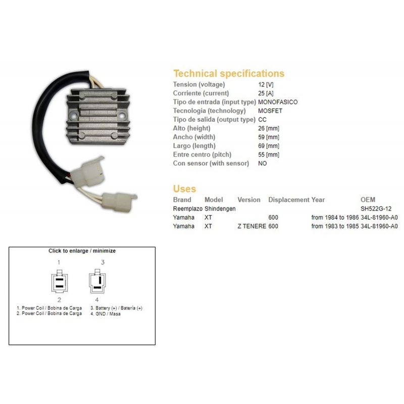DZE REGULATOR NAPIĘCIA YAMAHA XT 600Z TENERE '83-'86 34L-81960-A0 SH522G-12
