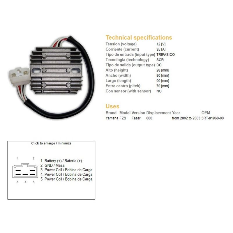 DZE REGULATOR NAPIĘCIA YAMAHA FZS 600 FAZER '02-'03 5RT-81960-00 35A