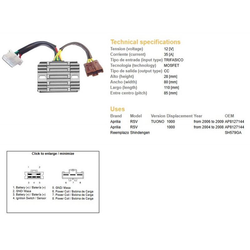 DZE REGULATOR NAPIĘCIA APRILIA RSV 1000 '04-'08 TUONO 1000 '06-'09 SH579GA AP8127144 ESR549