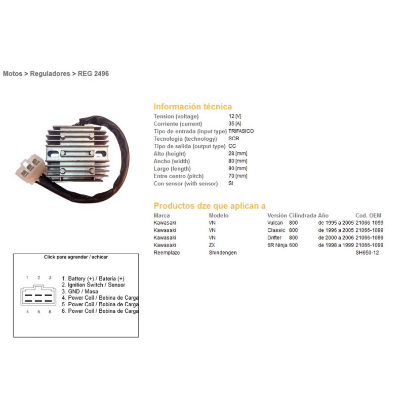 DZE REGULATOR NAPIĘCIA KAWASAKI VN 800 VULKAN '95-'05 VN 800 CLASSIC '96-'05 VN 800 DRIFTER '00-'06 ZX6R '98-'92 35A ESR263 OEM:
