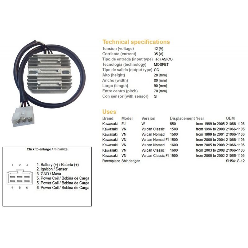 DZE REGULATOR NAPIĘCIA KAWASAKI W 650 '99-'05 VN 1500 VULCAN '96-'08 VN 1600 '00-'08 21066-1106 ESR264 SH541G-12