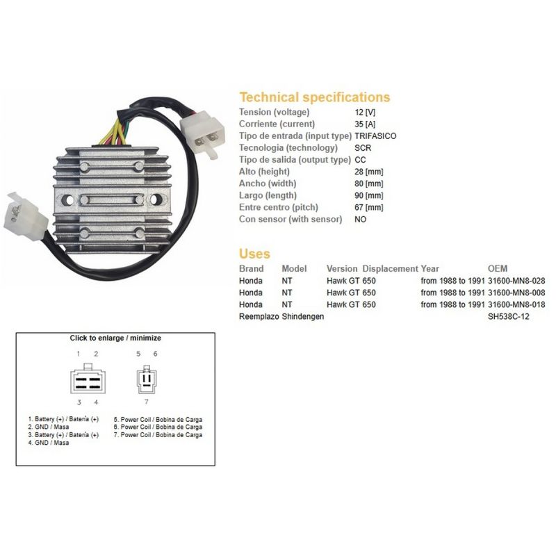 DZE REGULATOR NAPIĘCIA HONDA NTV 650 '88-'91 12V 35A SH538C-12 31600-MN8-008 31600-MN8-028 ESR252