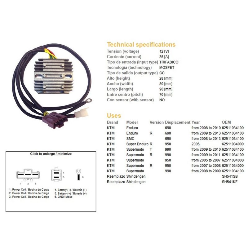 DZE REGULATOR NAPIĘCIA KTM 690R ENDURO '08-'13 950R SUPER ENDURO '06- SUPERMOTO 950/990R '05-'11 OEM-62511034000 SH541SB, SH541K