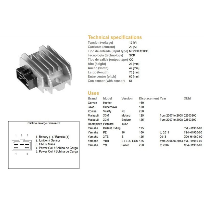 DZE REGULATOR NAPIĘCIA YAMAHA YBR 125 '06-'13 20A 5VL-H1960-00