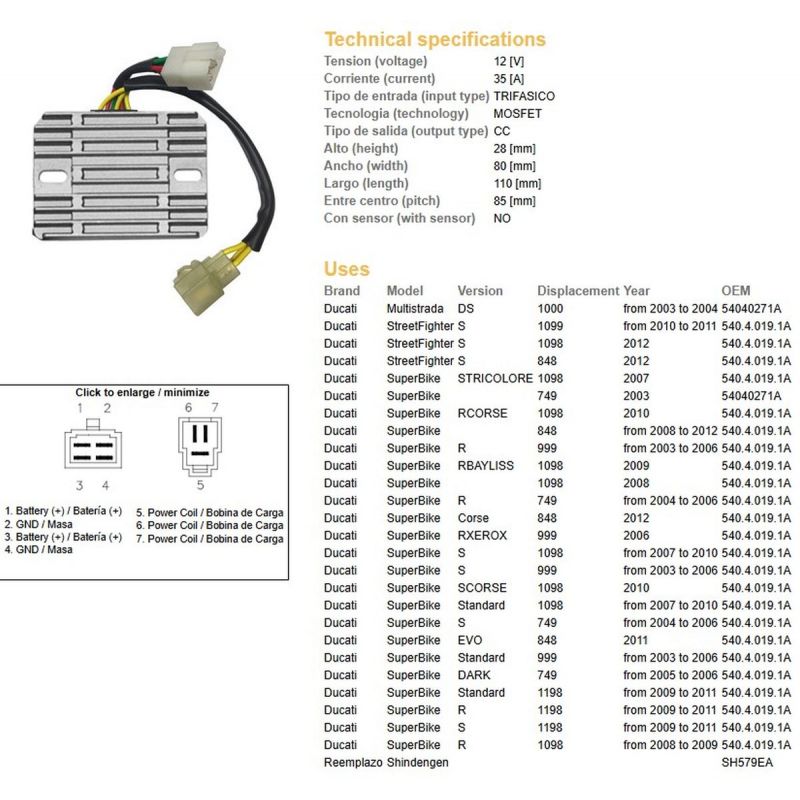 DZE REGULATOR NAPIĘCIA DUCATI DS 1000 MULTISTRADA '03-'04 DUCATI 749/848/999/1098/1099/1198 OEM-540.4.019.1A SH579EA ESR538