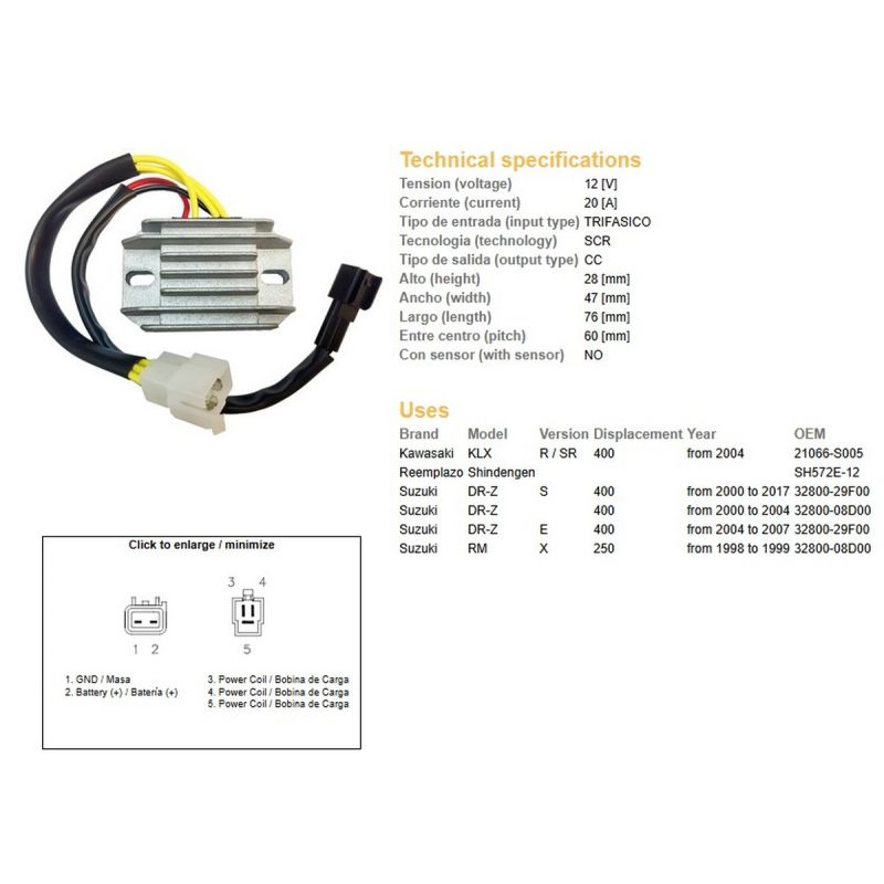 DZE REGULATOR NAPIĘCIA SUZUKI DRZ 400/E/S '00-'17 DR-Z KAWASAKI KLX 400 '04- 32800-29F00, 32800-08D00 SH572E-12 ESR105