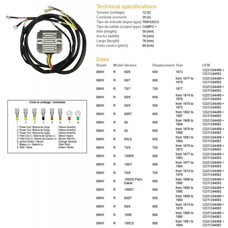 DZE REGULATOR NAPIĘCIA BMW R 60/75/65/80/90/100 '74-'88, MOTO GUZZI 650/750/850/1000 '75-'95 12321244409, 12311244063 ESR450