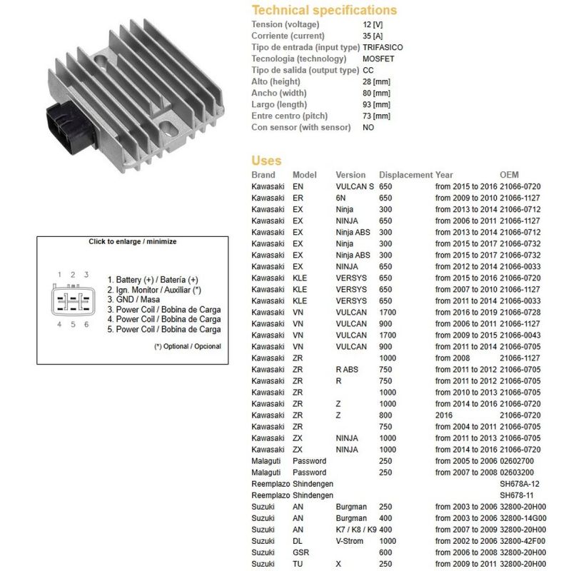 DZE REGULATOR NAPIĘCIA KAWASAKI EX 300/650 NINJA '06-'17 KLE 650 VERSYS '07-'16 VN 900/1700 '06-'19 ZR 750/800/1000 '04-'16 SUZU