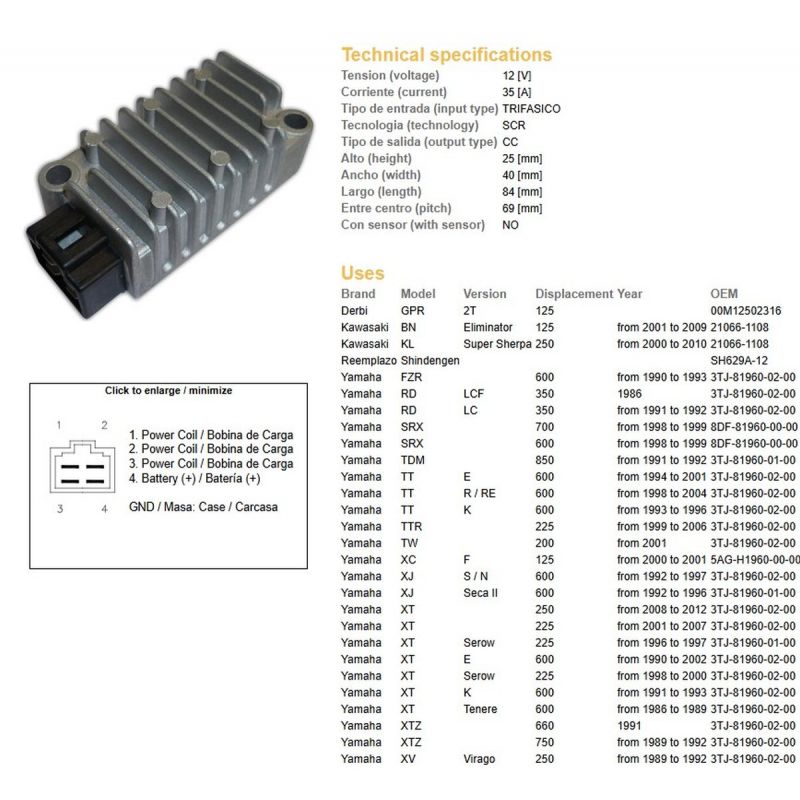 DZE REGULATOR NAPIĘCIA YAMAHA XT 225 SEROW '98-'03 XT 250 '08-'12 XT 600E/K '91-'02 XT 600Z TENERE '86-'89 XTZ 750 SUPER TENERE 
