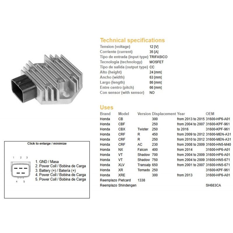DZE REGULATOR NAPIĘCIA HONDA CB 300 '13-'15 CBF 250 '04-'07 CRF 250/450R '09-'12 VT 700 SHADOW '04-'09 VT 750 SHADOW '04-'09 XL 