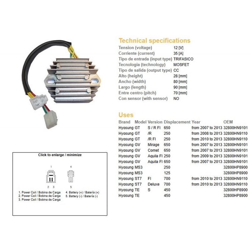 DZE REGULATOR NAPIĘCIA HYOSUNG GT 250R '08-'13 GT 650S/R '08-'13 GV 250 '09-'13 GV 650 '07-'13 MS3 125/250 ST7 700 '10-'13 TE 45
