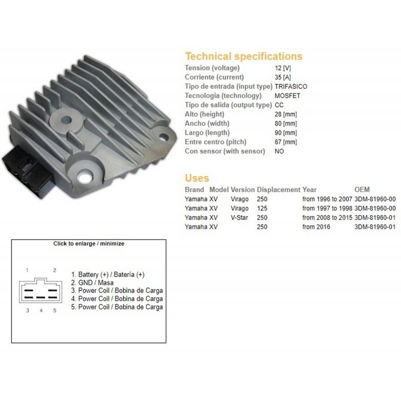 DZE REGULATOR NAPIĘCIA YAMAHA XV 125 VIRAGO '97-'98 XV 250 VIRAGO '96-'07 XV 250 V-STAR '08-'15 3DM-81960-00