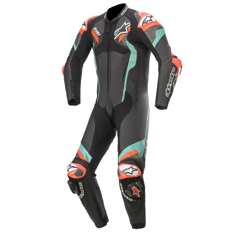 KOMBINEZON SKÓRZANY 1CZ. ALPINESTARS ATEM V4 BLACK/PETROL/FLUO RED 